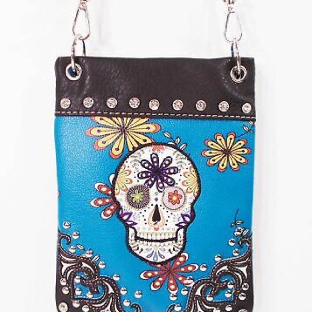 TURQUOISE FLORAL SUGAR SKULL CROSS BODY PURSE
